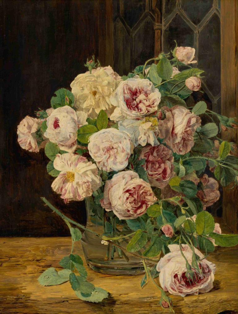 Rosenstrauß am Fenster,Ferdinand Georg Waldmüller,Ölgemälde,Ölgemälde, Blume, keine Menschen, Rose