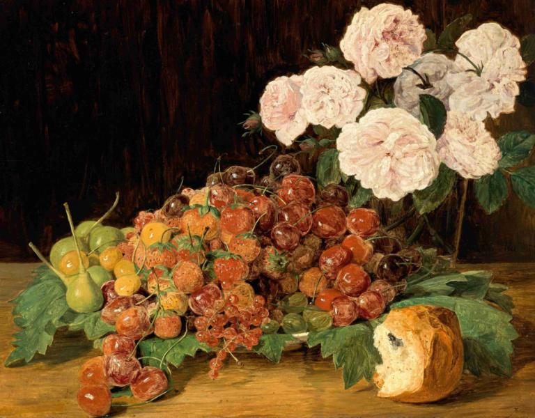 Stillleben mit Rosen, Erdbeeren und Brot,Martwa natura z różami, truskawkami i chlebem