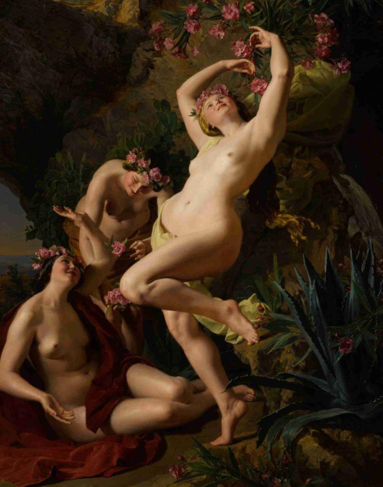 Three Graces garlanded with roses,De tre Gracerna kransade med rosor,Ferdinand Georg Waldmüller,Oljemålning