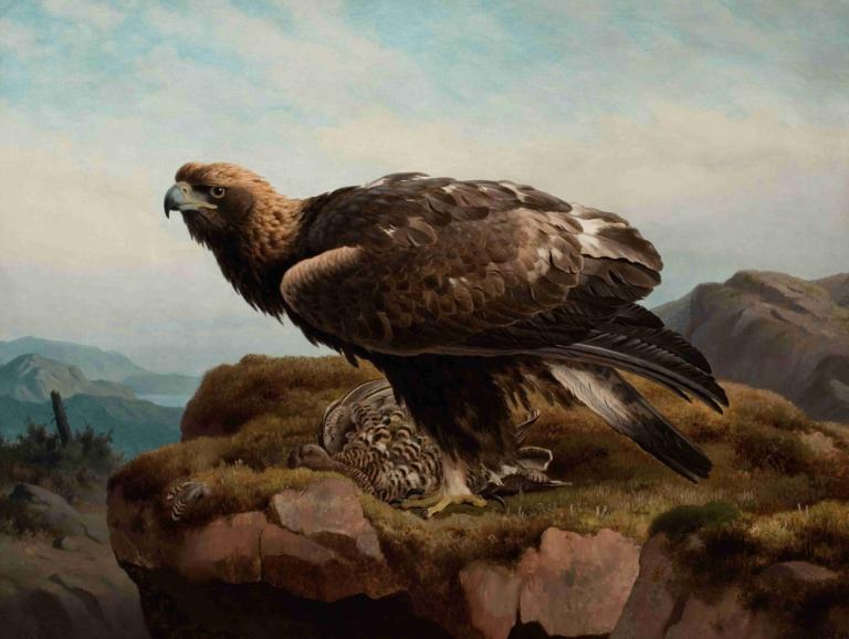 Golden Eagle At A Cliff's Edge,Ferdinand von Wright,Oil Painting,Oil Painting, no humans, outdoors, bird, sky