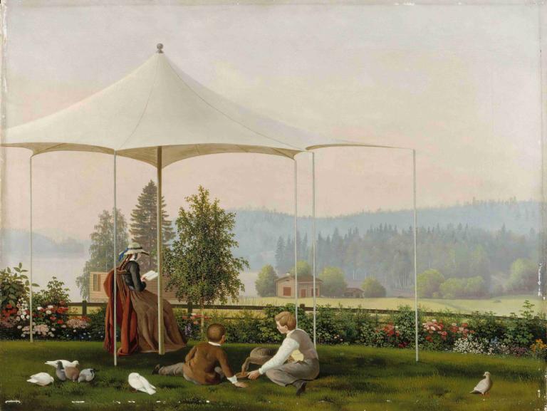 In The Garden Of Haminalahti,在哈米那拉提花园,Ferdinand von Wright,费迪南德-冯-赖特,油画,油画, 户外, 树, 坐着, 花, 多个男孩, 狗, 草, 风景