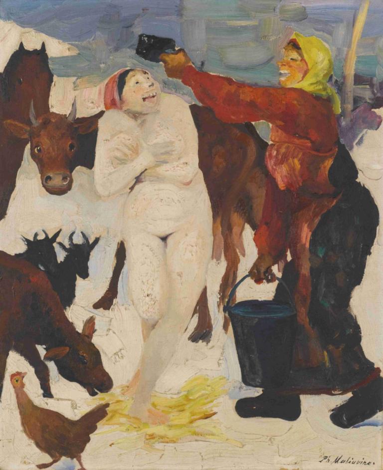 Country Ablutions,Landelijke wassingen,Filipp Malyavin,Olieverf,Olieverf, parodie op beeldende kunst, paard