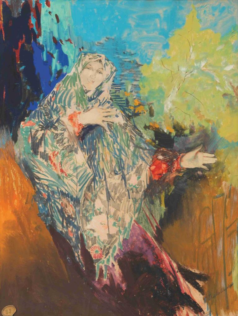 Dancing Peasant Woman In A Colourful Shawl,Filipp Malyavin,Oil Painting,Oil Painting, solo, long sleeves