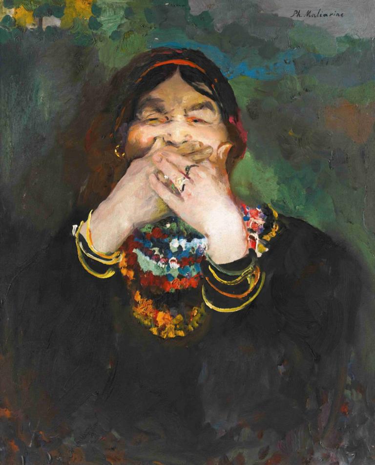 Laughing Baba,笑う馬場,Filipp Malyavin,フィリップ・マルヤヴィン,油絵,油絵, 1女の子, ソロ, ジュエリー, 黒髪, イヤリング, 指輪, 上半身, 長袖, ヘアバンド, 手を挙げて