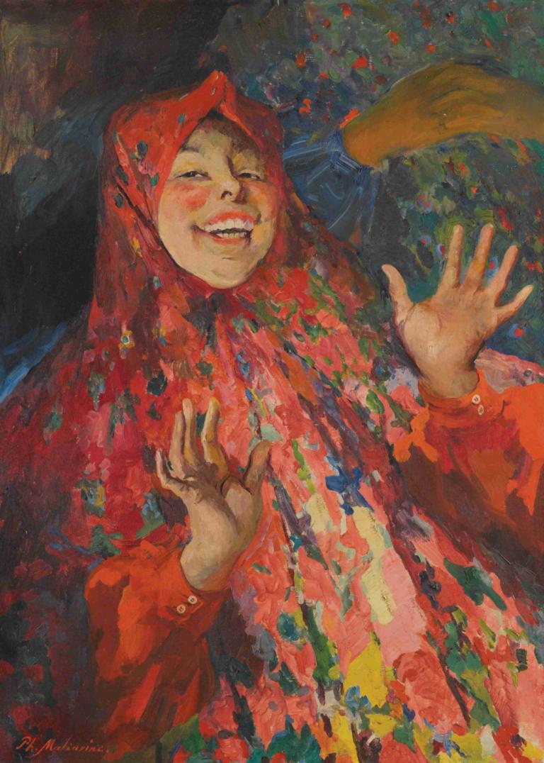 Laughing Girl,Filipp Malyavin,Oil Painting,Oil Painting, 1girl, smile, solo, traditional media