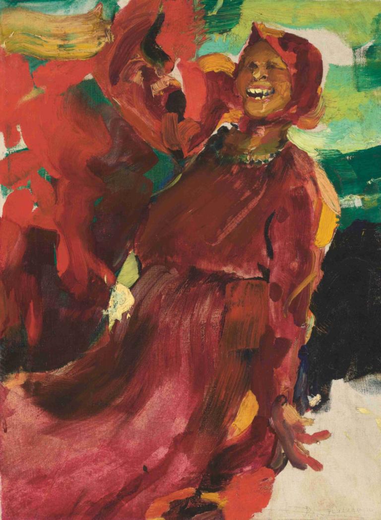 Laughing Girl,Filipp Malyavin,Oil Painting,Oil Painting, smile, necklace, jewelry, dress, solo, dark skin