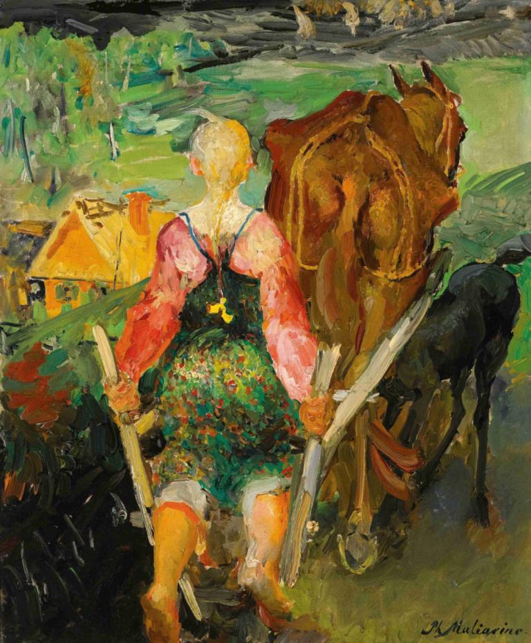 Ploughing,Filipp Malyavin,Oil Painting,Oil Painting, 1girl, painting (medium), traditional media, blonde hair