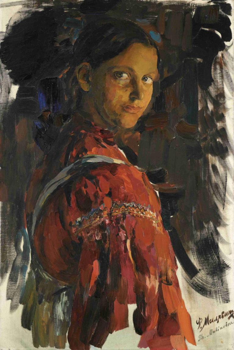 Russian Beauty,Filipp Malyavin,Oil Painting,Oil Painting, solo, 1girl, black hair, looking at viewer, dated