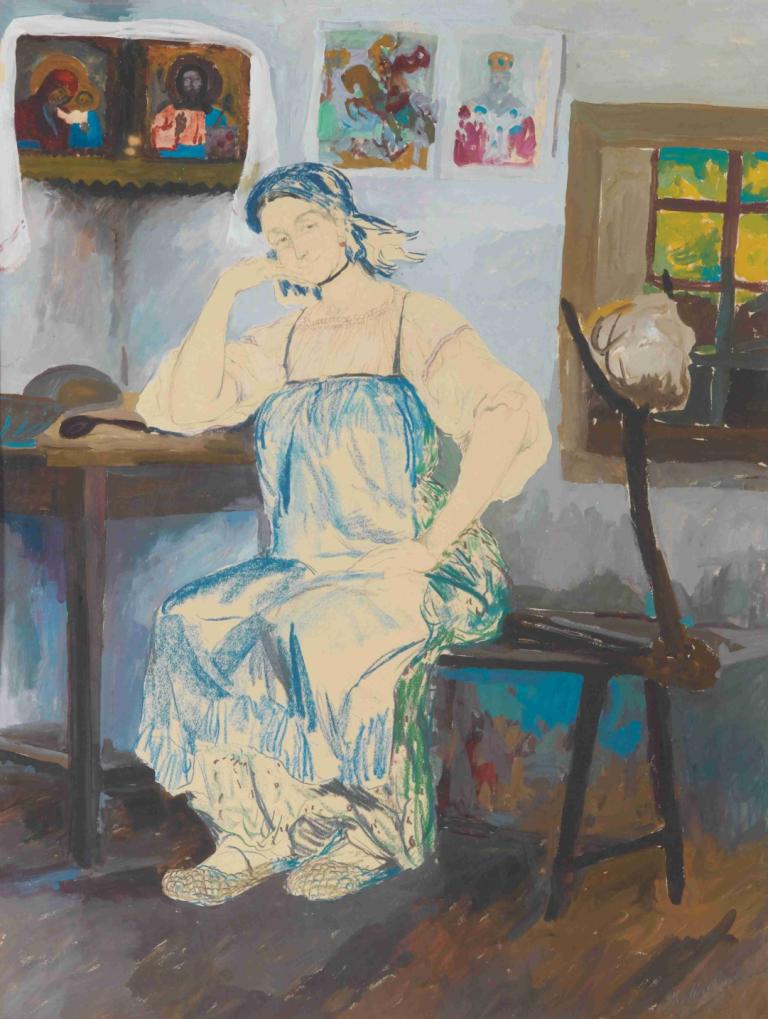 Seated Woman In An Interior,Zittende vrouw in een interieur,Filipp Malyavin,Olieverf,Olieverf, solo, zitten