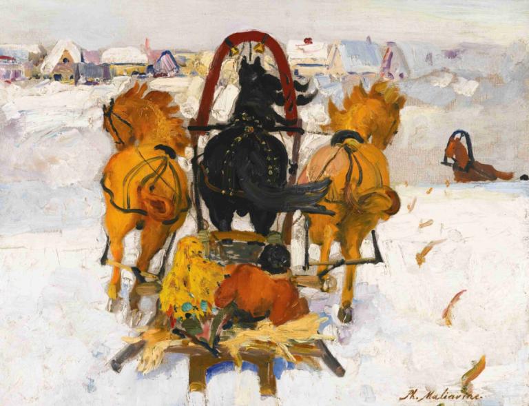 Troika In The Snow,雪中三驾马车,Filipp Malyavin,菲利普-马利亚文,油画,油画, 传统媒体, 绘画（中）, 美术模仿, 没有人类, 假传统媒体, 马, 签名