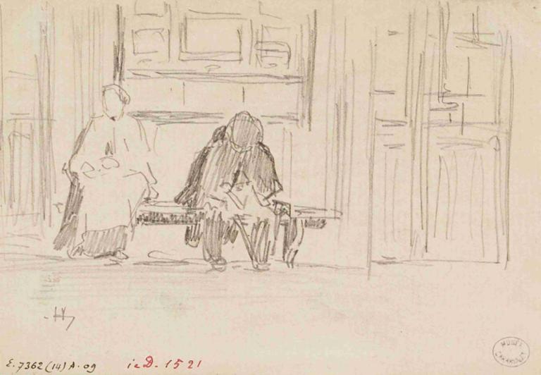 Deux personnages sur un banc,Dwie postacie na ławce,Frédéric Houbron,Szkic,Szkic, monochromia, przestarzały