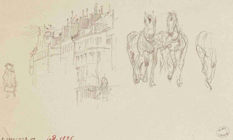 Façades d'immeubles et chevaux,Byggnadsfasader och hästar,Frédéric Houbron,Skiss,Skiss, häst, skiss, ridning