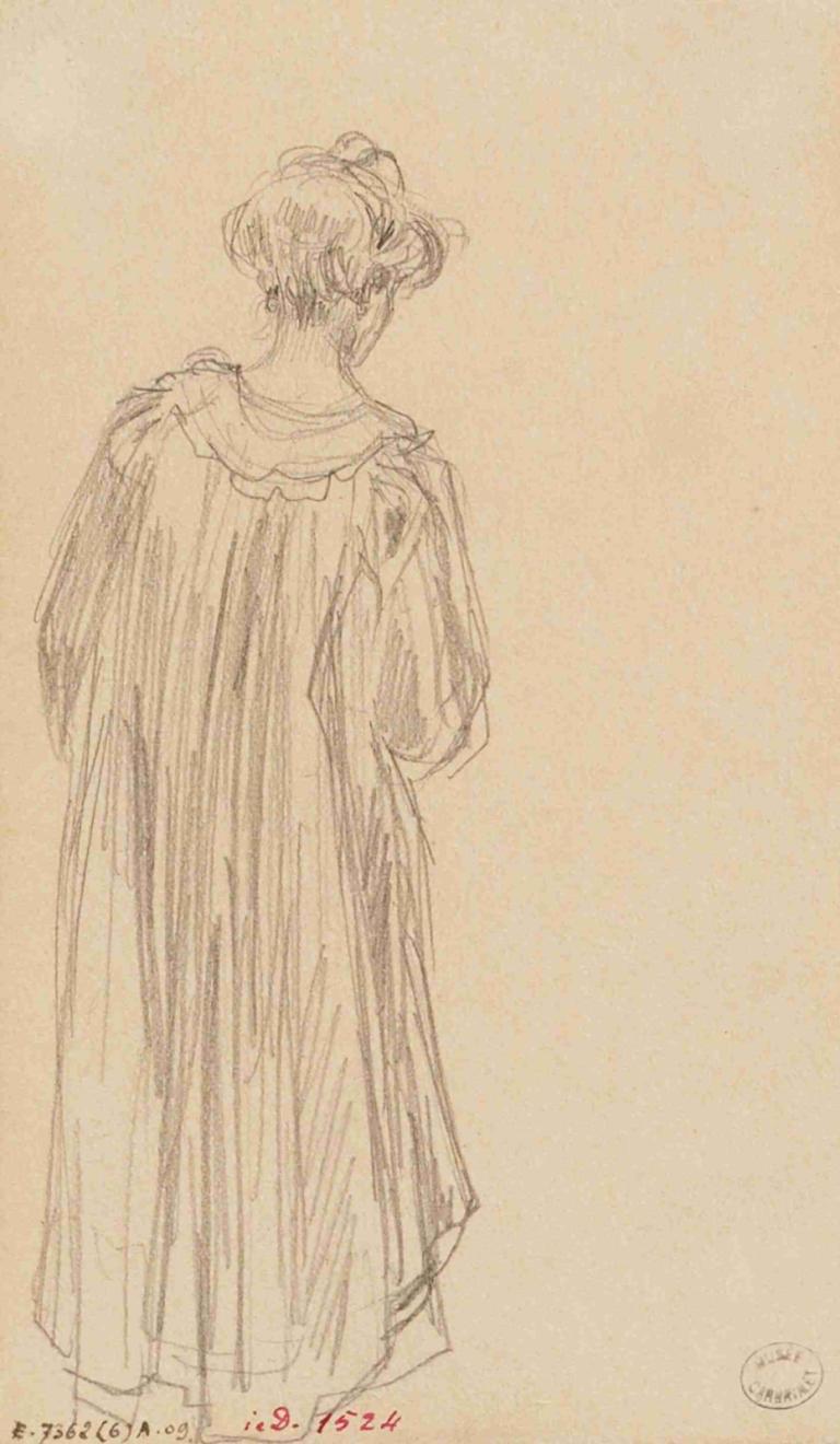 Femme en peignoir, vue de dos,Frédéric Houbron,Sketch,Sketch, 1girl, solo, monochrome, from behind, dated