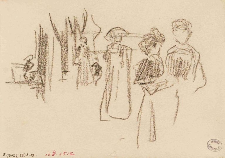 Femmes et enfant,Frédéric Houbron,Sketch,Sketch, monochrome, sketch, multiple girls, hat, multiple boys