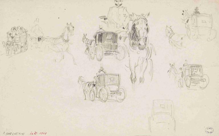 Fiacres et omnibus,Frédéric Houbron,Sketch,Sketch, horse, ground vehicle, motor vehicle, sketch, monochrome