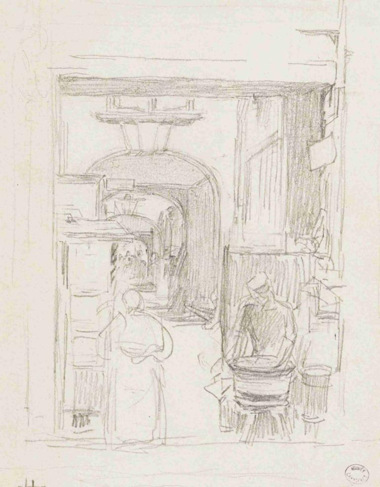 Marchand de marrons chauds à l'entrée d'un passage,Frédéric Houbron,Croquis,Croquis, monochrome, esquisser