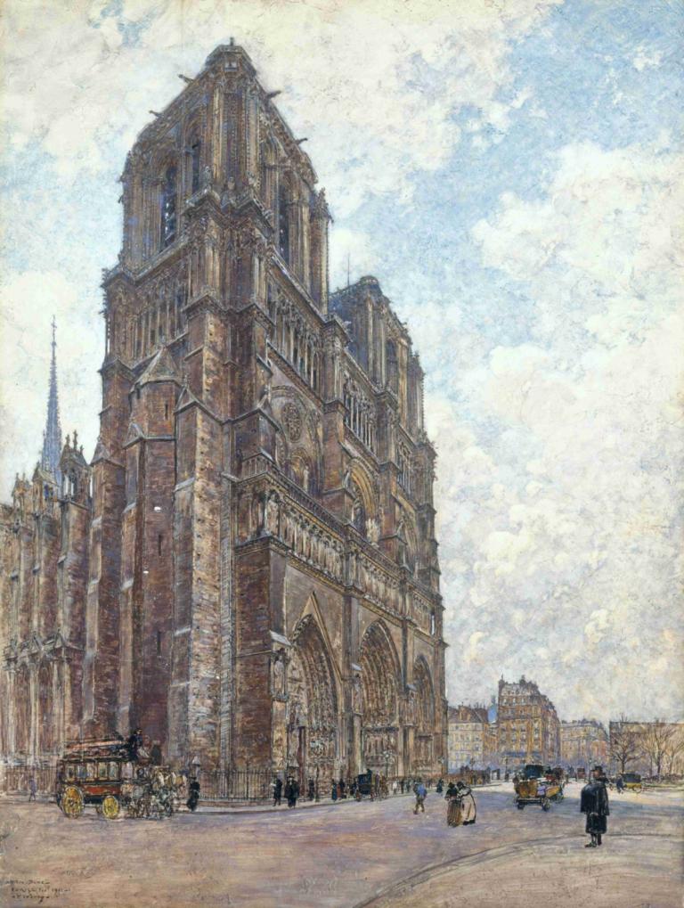 Notre-Dame de Paris,Frédéric Houbron,Öljymaalaus,Öljymaalaus, maisema, taivas, ulkona, pilvi