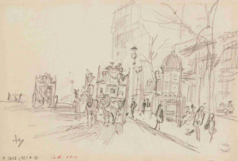 Omnibus sur un boulevard,Frédéric Houbron,Croquis,Croquis, monochrome, rue, arbre, esquisser, daté