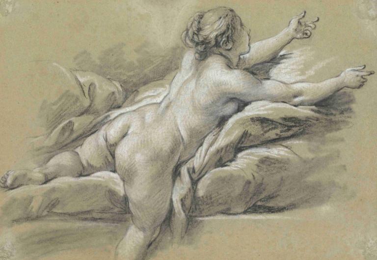 A Nude Woman Reaching to the Right,Een naakte vrouw reikt naar rechts,François Boucher,Koperplaatetsing