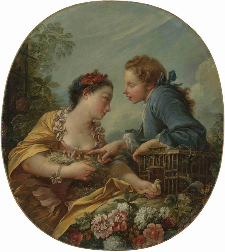 A Young Woman And Youth Placing Young Birds In A Cage; 'the Bird Nesters',鳥かごに幼鳥を入れる若い女性と若者。,François Boucher