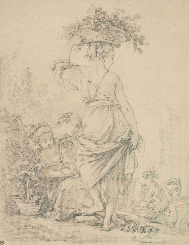 A standing young woman and others gathering flowers [‘La Jardinière’],서 있는 젊은 여성과 꽃을 모으는 사람들 ['라 자르디니에르']