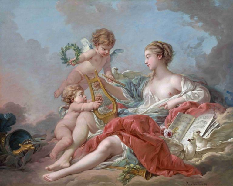 Allegory of Music,音乐的寓意,François Boucher,弗朗索瓦-布歇,油画,油画, 美术模仿, 乳头, 翅膀, 多个女孩, 乐器, 赤脚, 裸体, 3个女孩, 戏仿, 保持, 金头发, 书