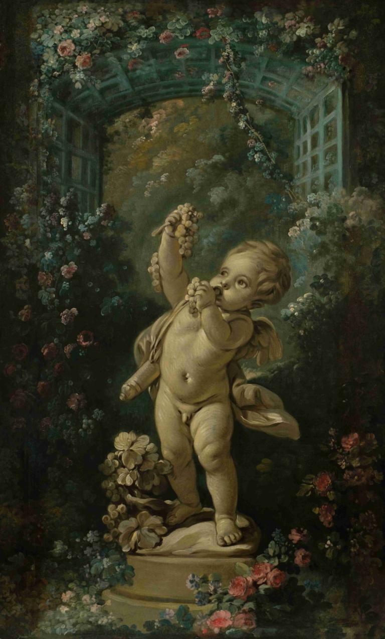 Amour aux raisins,François Boucher,Oil Painting,Oil Painting, flower, solo, navel, male focus, 1boy, standing