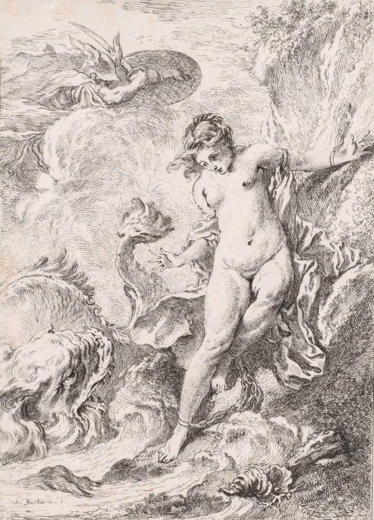 Andromeda (Andromède),François Boucher,Copperplate Etching,Copperplate Etching, monochrome, 1girl, nude