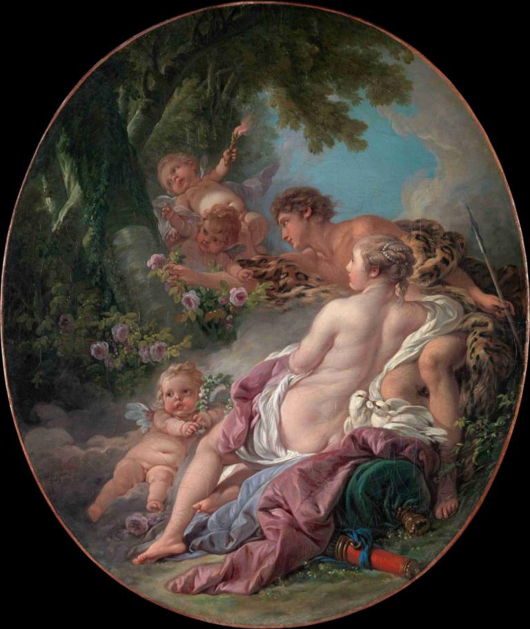 Angelica and Medoro,François Boucher,Oil Painting,Oil Painting, fine art parody, baby, wings, flower