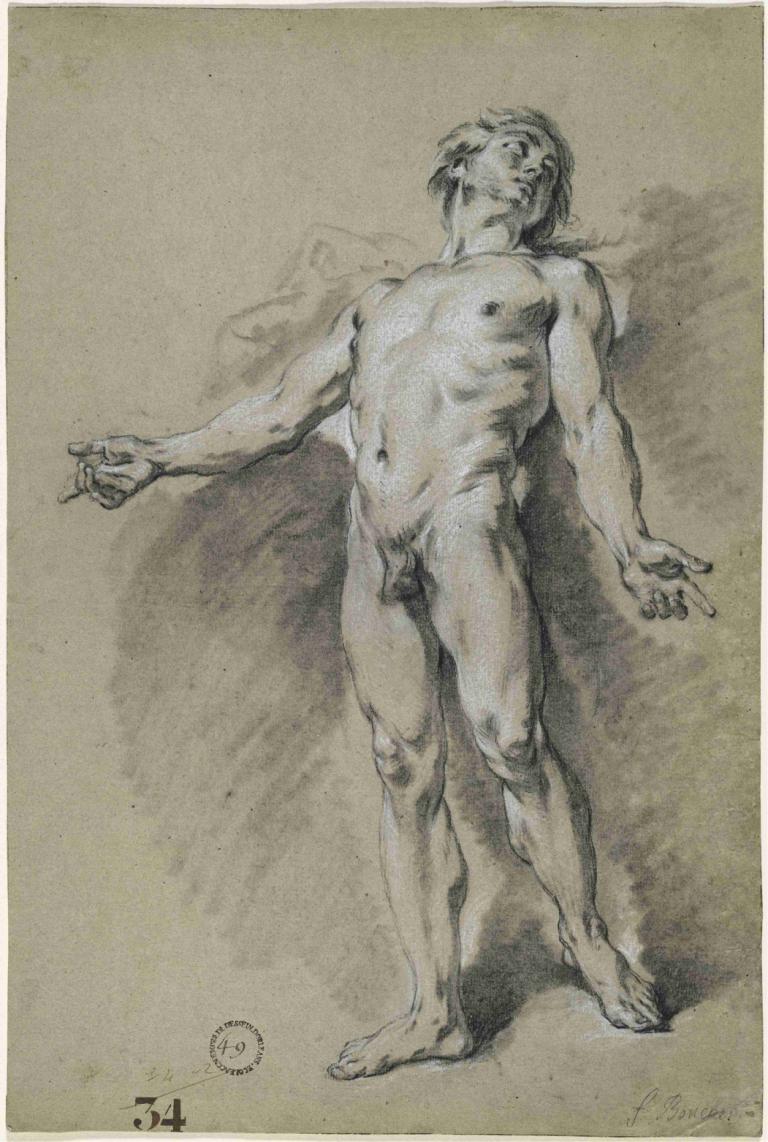 Apollo,François Boucher,Copperplate Etching,Copperplate Etching, solo, male focus, 1boy, monochrome, nude