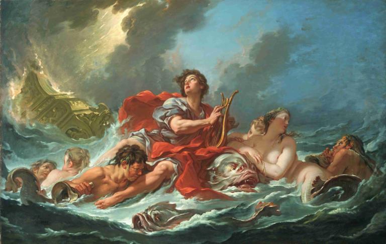 Arion on the Dolphin,Arion på delfinen,François Boucher,Oljemålning,Oljemålning, konstparodi, vattenskotrar