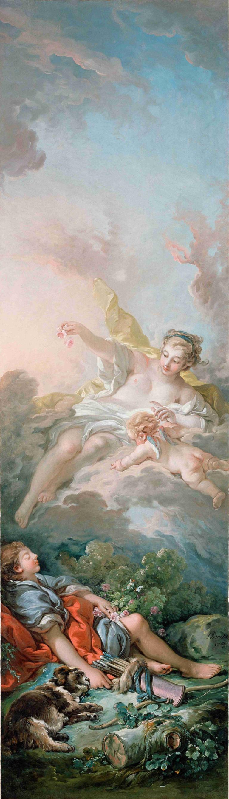 Aurora and Cephalus,奥罗拉和塞法勒斯,François Boucher,弗朗索瓦-布歇,油画,油画, 多个男孩, 美术模仿, 赤脚, 云, 男性焦点, 说谎, 短发, 乳头, 天空, 户外, 狗