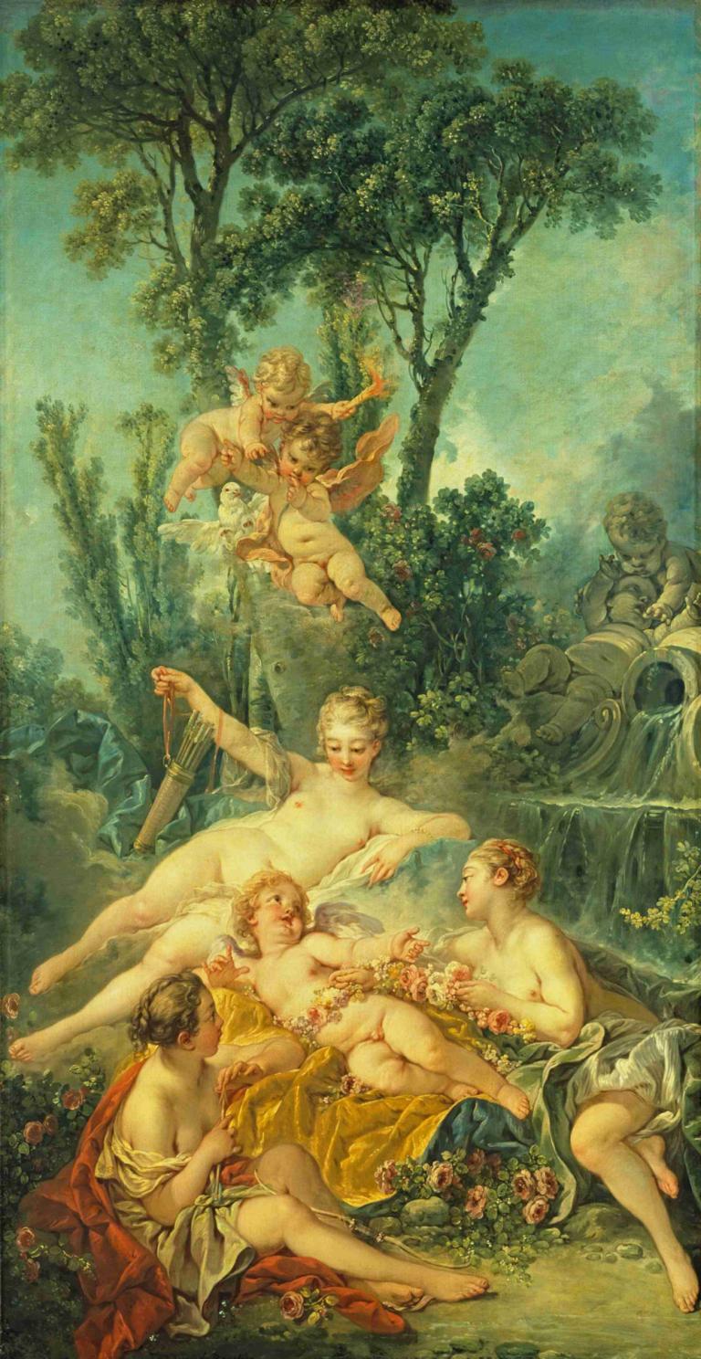 Cupid a Captive,俘虏丘比特,François Boucher,弗朗索瓦-布歇,油画,油画, 美术模仿, 多个男孩, 树, 裸体, 花, 乳头, 阴茎, 赤脚, 水, 戏仿, 户外, 自然, 金头发