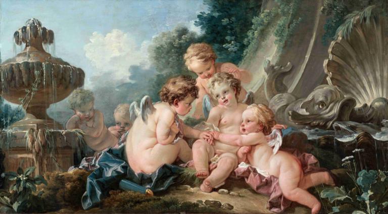 Cupids in Conspiracy,François Boucher,Oil Painting,Oil Painting, fine art parody, penis, multiple boys, nude