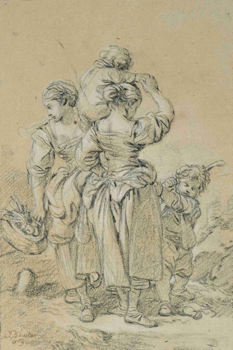 Deux femmes et deux enfants,İki kadın ve iki çocuk,François Boucher,Bakır Levha Gravür,Bakır Levha Gravür