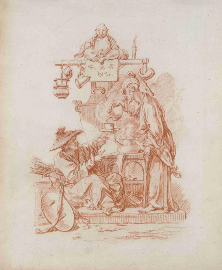 Fire,François Boucher,Copperplate Etching,Copperplate Etching, old, monochrome, old man, multiple boys, hat