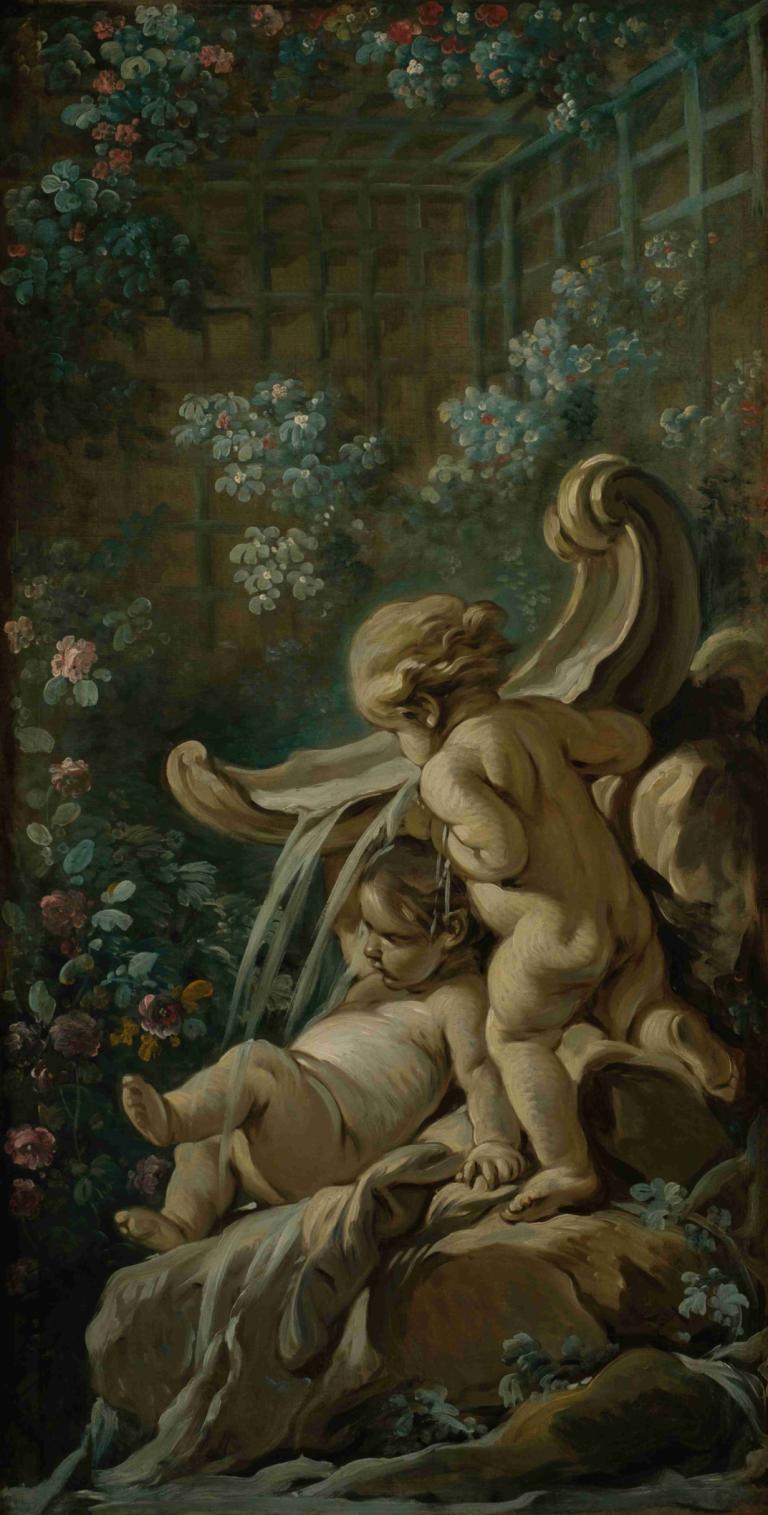 Fontaine avec deux amours dont l'un est couché,François Boucher,Oil Painting,Oil Painting, flower