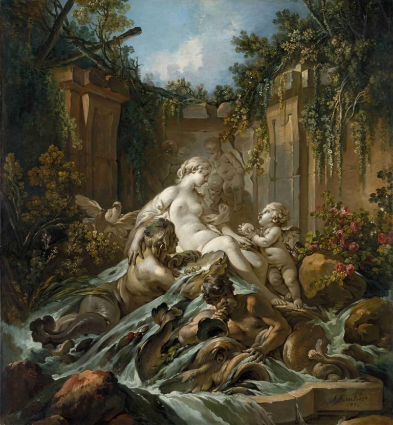 Fountain of Venus,Vodnjak Venere,François Boucher,Oljna slika,Oljna slika, likovna parodija, ptica, kip, cvet