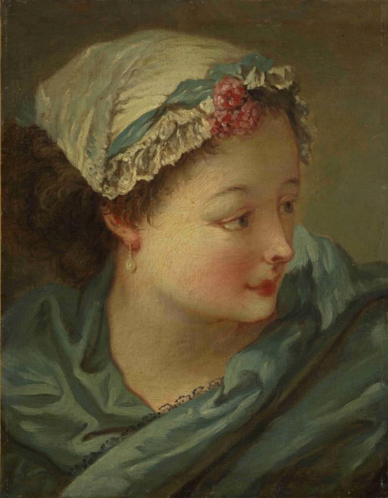 Head of a Young Woman,François Boucher,Oil Painting,Oil Painting, 1girl, solo, jewelry, earrings, brown hair