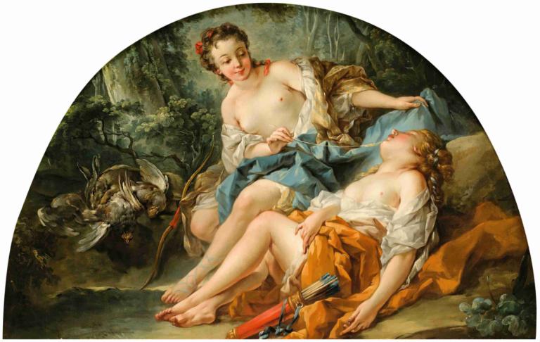 Hunting nymphs,François Boucher,Oil Painting,Oil Painting, fine art parody, multiple girls, barefoot, nipples