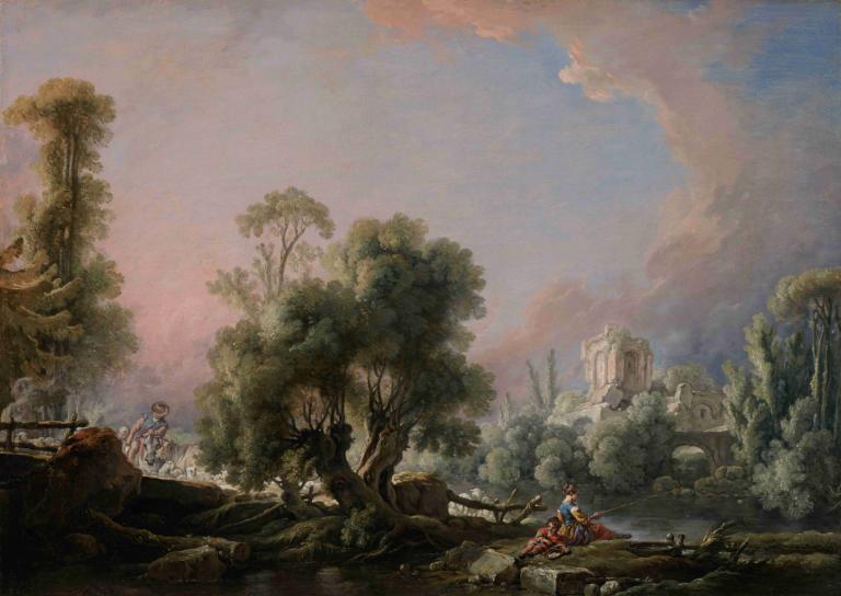 Idyllic Landscape with Woman Fishing,Idylliskt landskap med kvinna som fiskar,François Boucher,Oljemålning