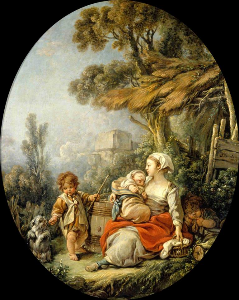 L'Heureuse Mère,François Boucher,Pintura al óleo,Pintura al óleo, árbol, varios chicos, bebé, anciana