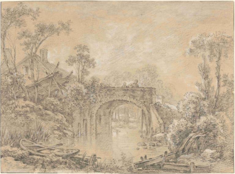 Landscape with a Rustic Bridge,Landschaft mit einer rustikalen Brücke,François Boucher,Kupferstich