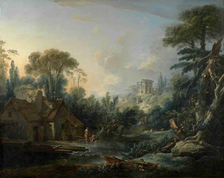 Landscape with a Water Mill,Landschaft mit einer Wassermühle,François Boucher,Ölgemälde,Ölgemälde, Landschaft