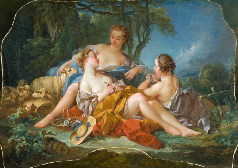 Les Confidences Pastorales,牧师忏悔,François Boucher,弗朗索瓦-布歇,油画,油画, 美术模仿, 多个女孩, 3个女孩, 赤脚, 树, 坐着, 乳房, 户外, 棕色的头发