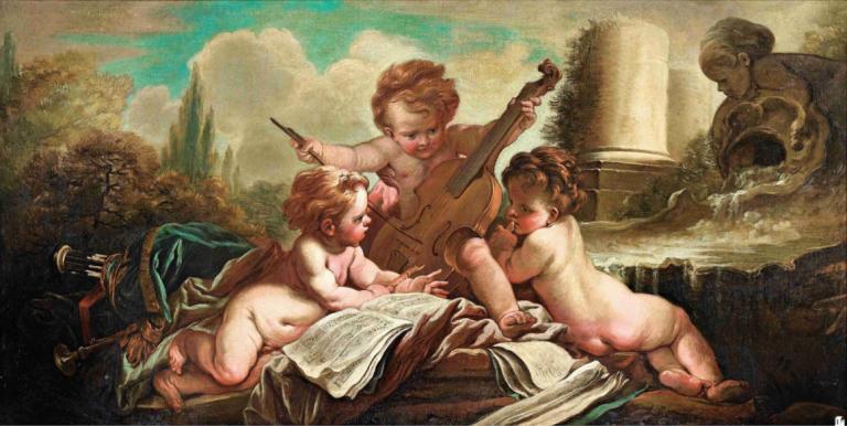 Les Petits Oiseleurs, Les Enfants Musiciens,François Boucher,弗朗索瓦-布歇,油画,油画, 美术模仿, 乐器, 裸体, 戏仿, 多个女孩, 户外, 棕色的头发