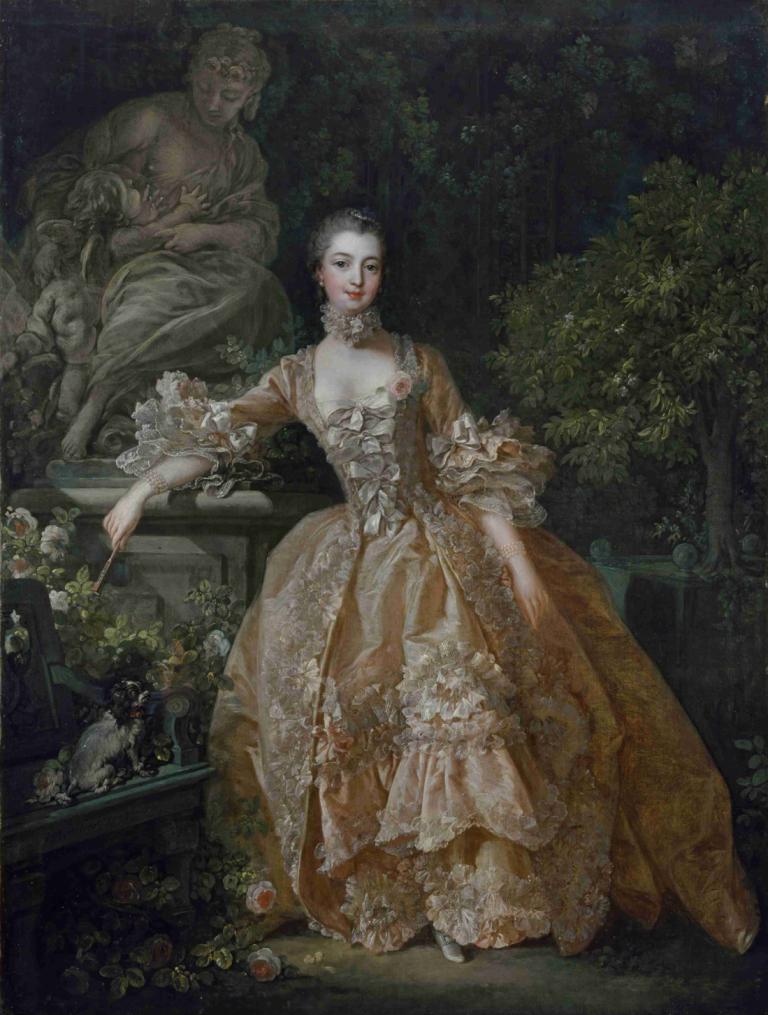 Madame de Pompadour,François Boucher,Peinture à l'huile,Peinture à l'huile, robe, 1fille, fleur