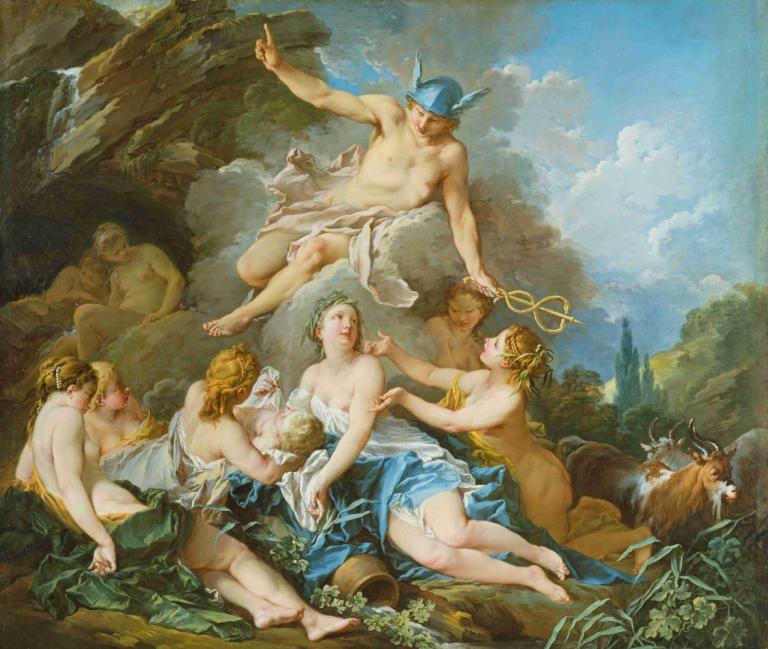 Mercury confiding the Infant Bacchus to the Nymphs,Merkurius uskoo Bacchus-lapsen nymfeille.,François Boucher