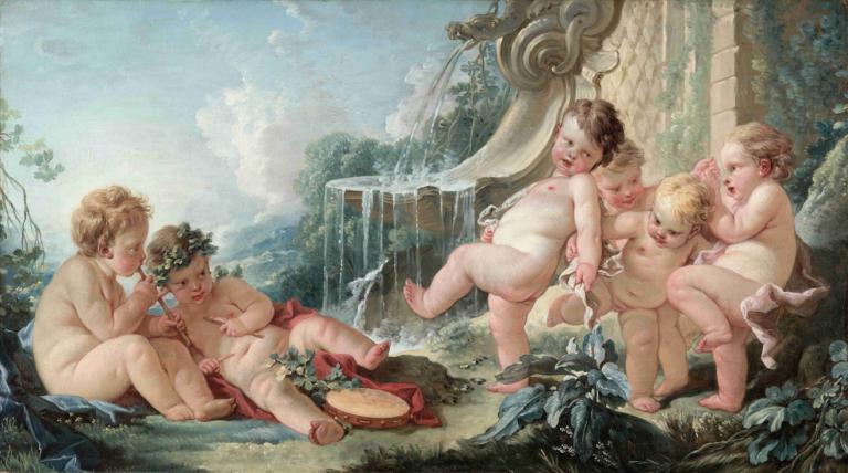 Music and Dance and Cupids in Conspiracy,François Boucher,Oil Painting,Oil Painting, fine art parody, water