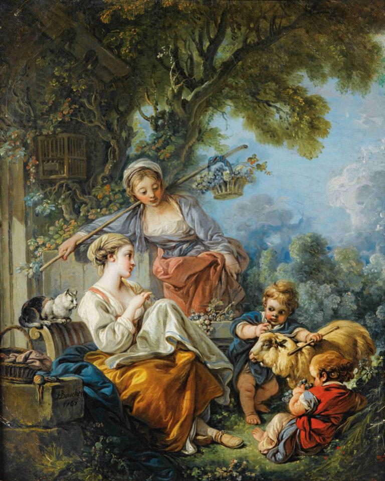 Pastoral Scene,François Boucher,Oil Painting,Oil Painting, basket, fine art parody, multiple girls